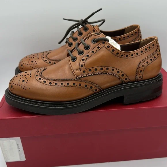 Salvatore Ferragamo Titus Wingtip Oxford Brown Leather Size 6 EEE NIB